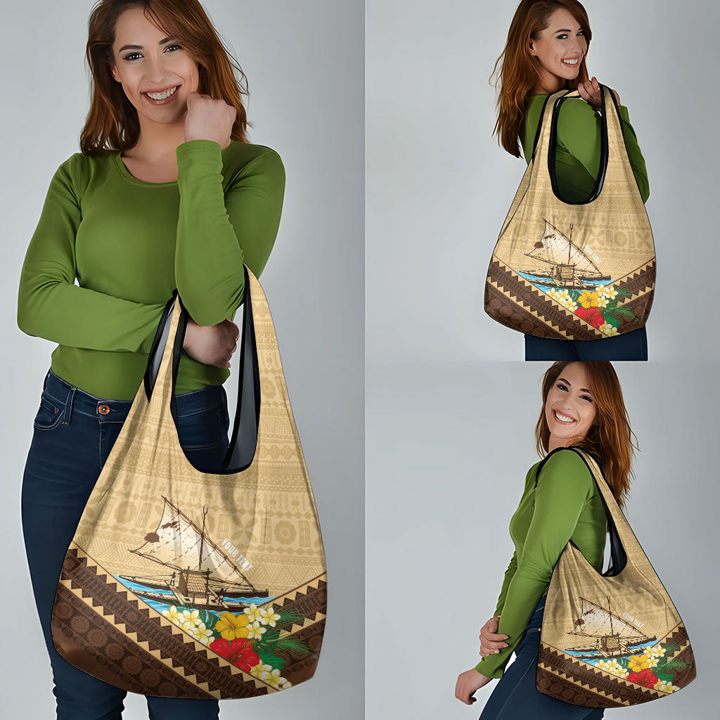 Personalised Bula Vinaka Fiji Drua Grocery Bag Fijian Traditional Canoe Tapa Cloth Beige