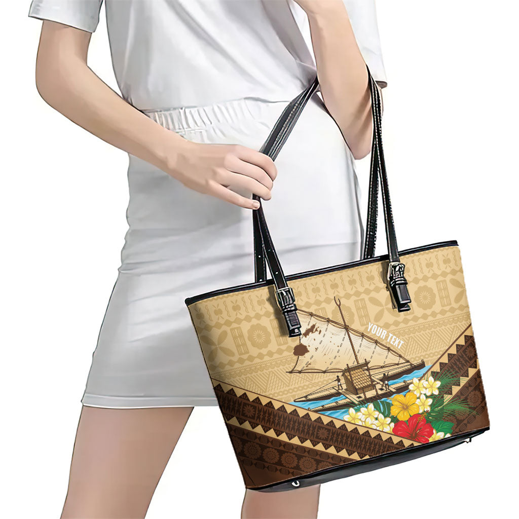 Personalised Bula Vinaka Fiji Drua Leather Tote Bag Fijian Traditional Canoe Tapa Cloth Beige
