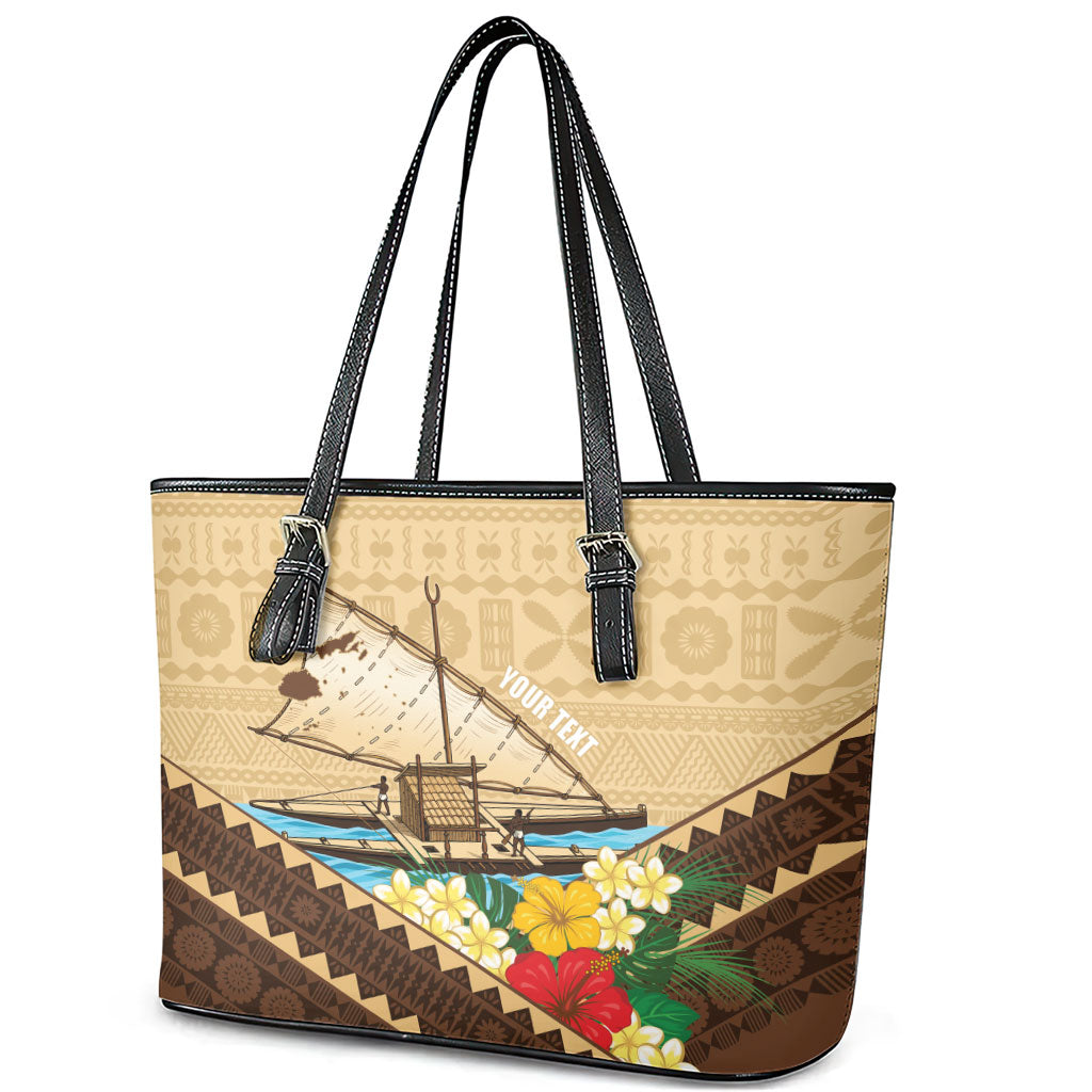 Personalised Bula Vinaka Fiji Drua Leather Tote Bag Fijian Traditional Canoe Tapa Cloth Beige