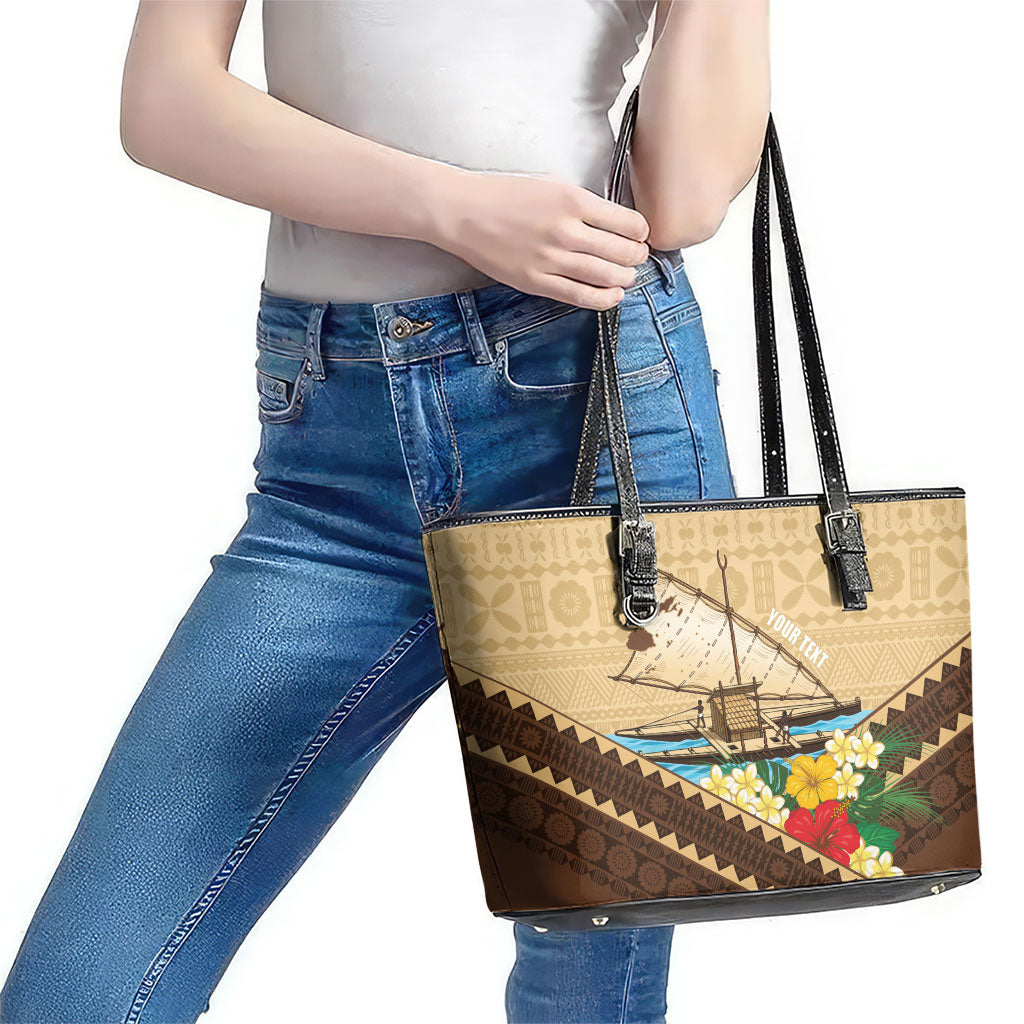 Personalised Bula Vinaka Fiji Drua Leather Tote Bag Fijian Traditional Canoe Tapa Cloth Beige