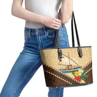 Personalised Bula Vinaka Fiji Drua Leather Tote Bag Fijian Traditional Canoe Tapa Cloth Beige