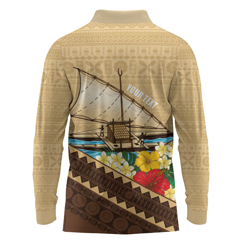 Personalised Bula Vinaka Fiji Drua Long Sleeve Polo Shirt Fijian Traditional Canoe Tapa Cloth Beige