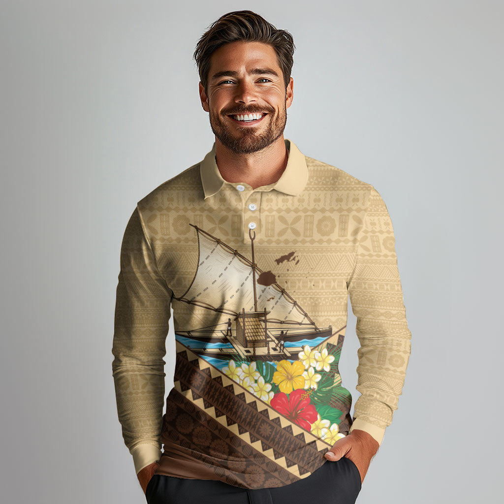 Personalised Bula Vinaka Fiji Drua Long Sleeve Polo Shirt Fijian Traditional Canoe Tapa Cloth Beige