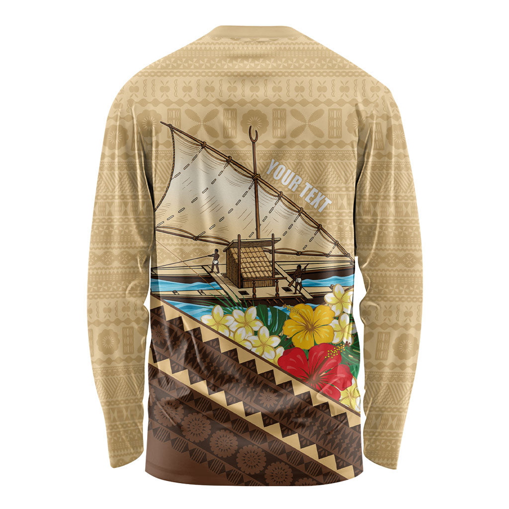 Personalised Bula Vinaka Fiji Drua Long Sleeve Shirt Fijian Traditional Canoe Tapa Cloth Beige