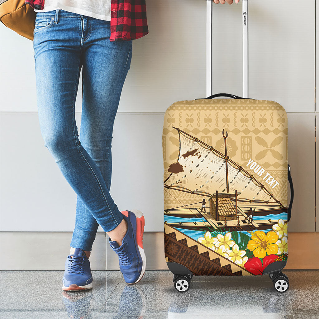 Personalised Bula Vinaka Fiji Drua Luggage Cover Fijian Traditional Canoe Tapa Cloth Beige