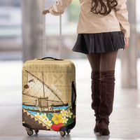 Personalised Bula Vinaka Fiji Drua Luggage Cover Fijian Traditional Canoe Tapa Cloth Beige