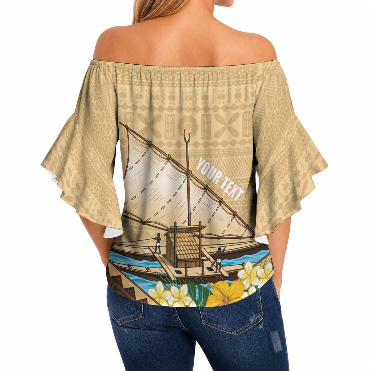Personalised Bula Vinaka Fiji Drua Off Shoulder Wrap Waist Top Fijian Traditional Canoe Tapa Cloth Beige