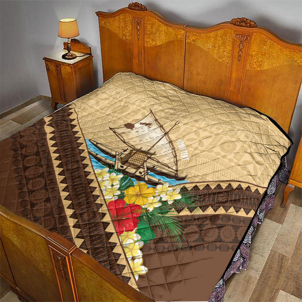Personalised Bula Vinaka Fiji Drua Quilt Fijian Traditional Canoe Tapa Cloth Beige