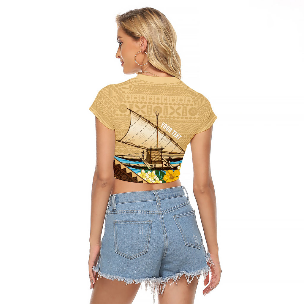 Personalised Bula Vinaka Fiji Drua Raglan Cropped T Shirt Fijian Traditional Canoe Tapa Cloth Beige