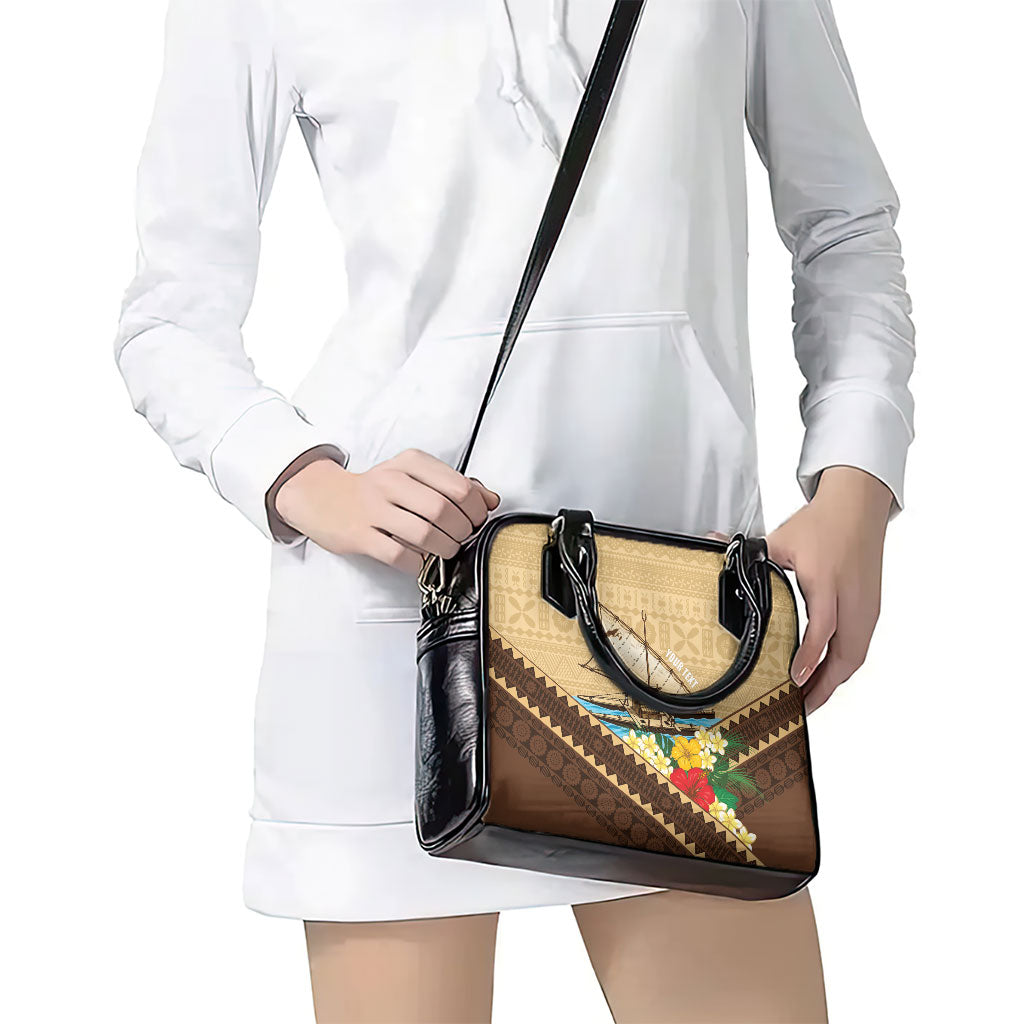 Personalised Bula Vinaka Fiji Drua Shoulder Handbag Fijian Traditional Canoe Tapa Cloth Beige