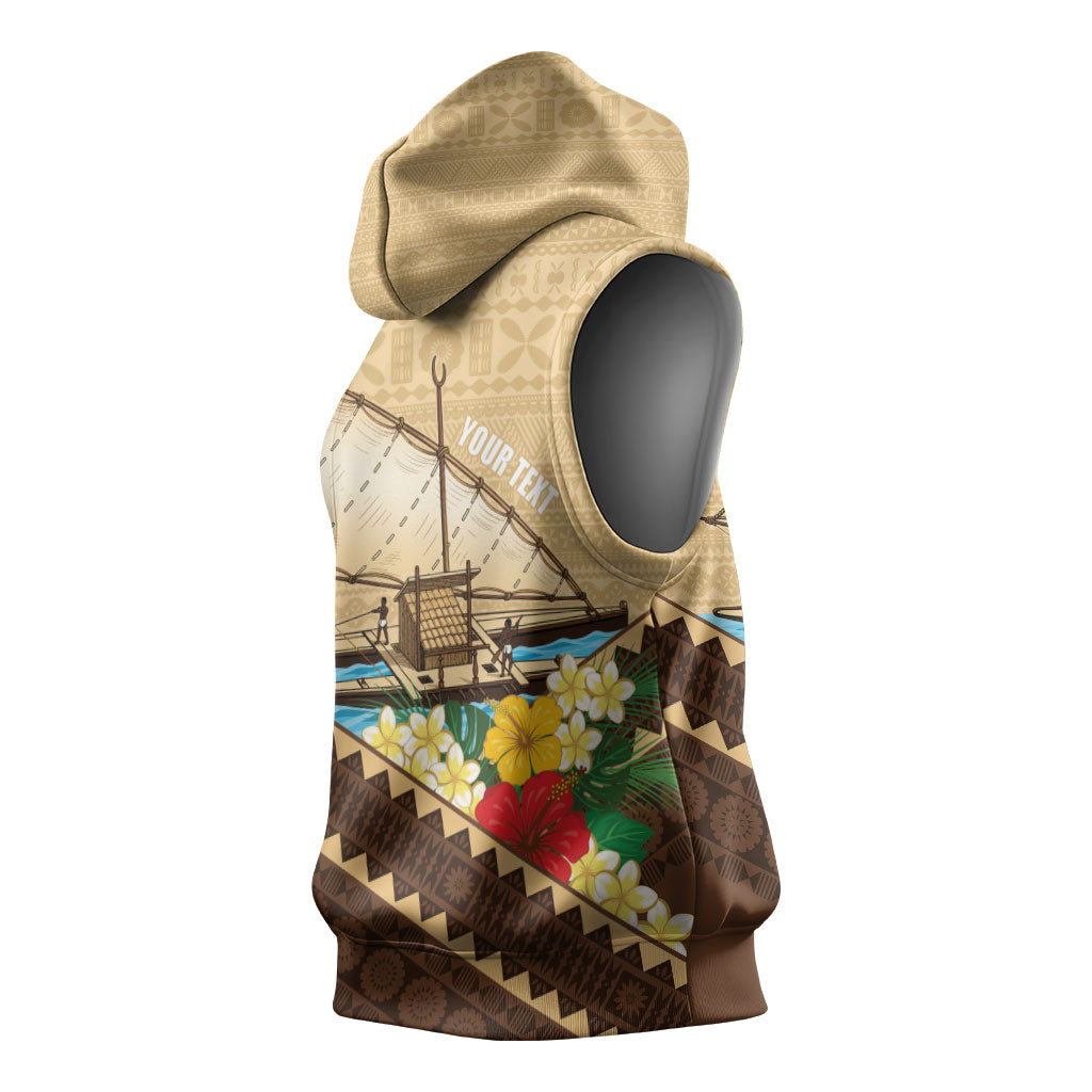 Personalised Bula Vinaka Fiji Drua Sleeveless Hoodie Fijian Traditional Canoe Tapa Cloth Beige LT14 - Polynesian Pride