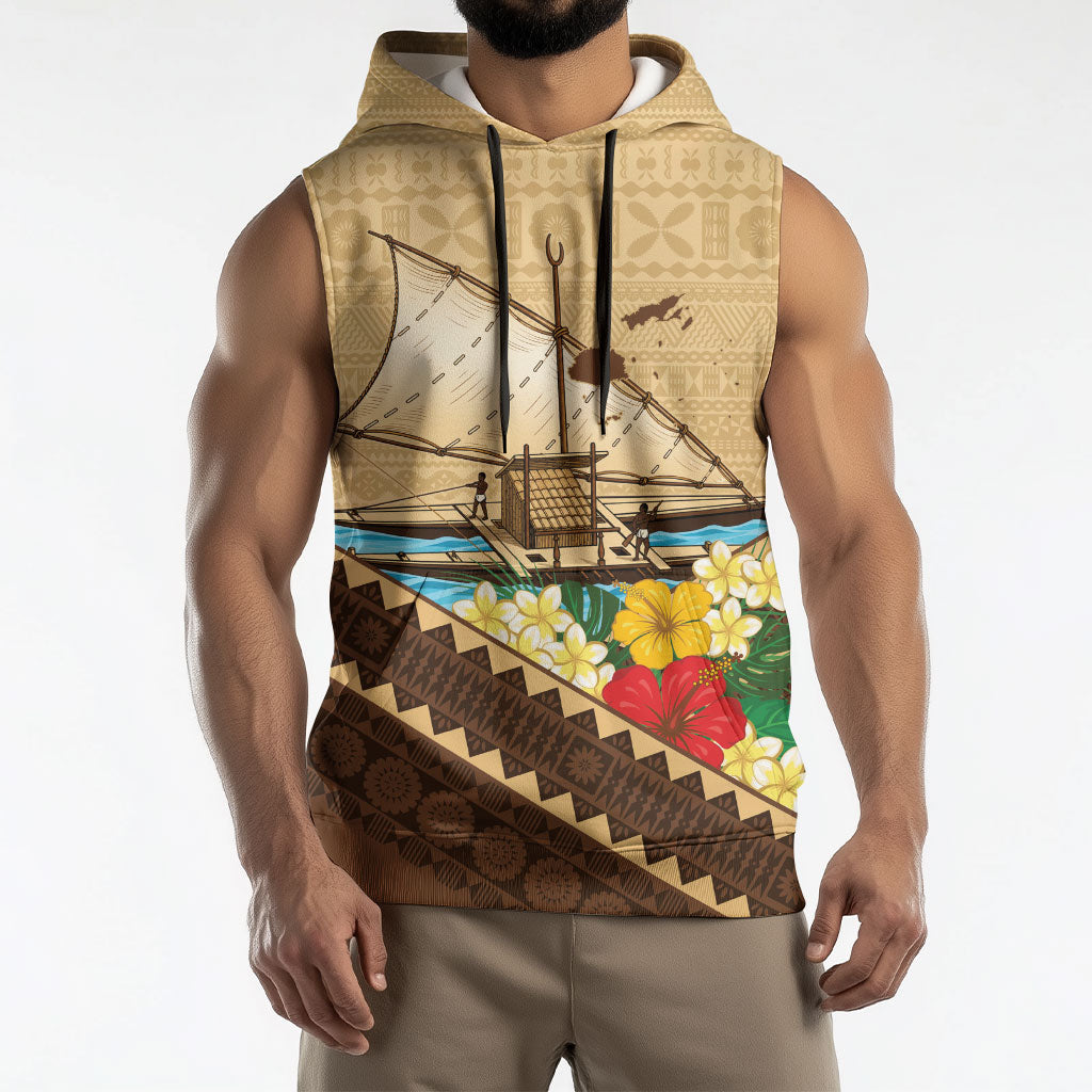 Personalised Bula Vinaka Fiji Drua Sleeveless Hoodie Fijian Traditional Canoe Tapa Cloth Beige LT14 - Polynesian Pride