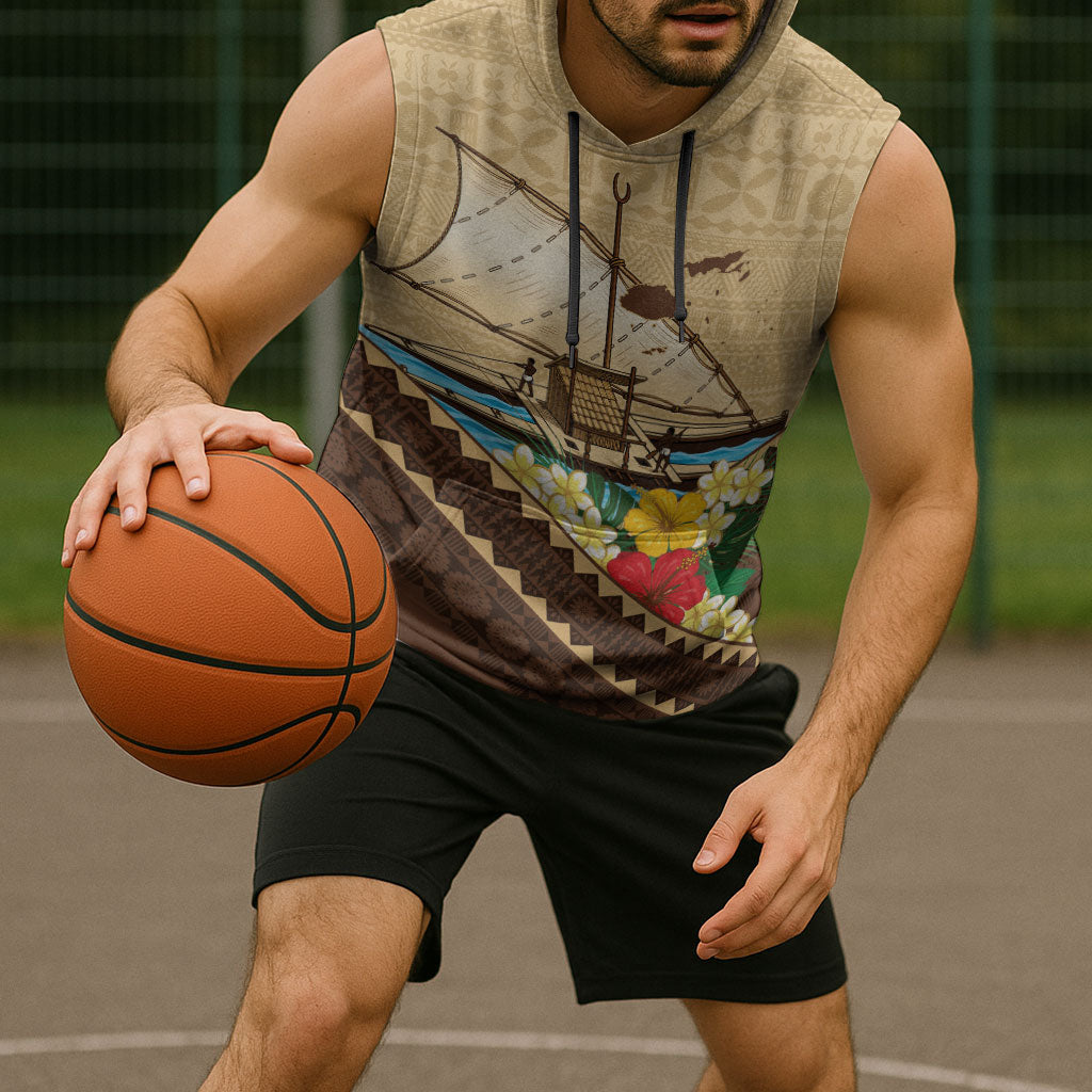 Personalised Bula Vinaka Fiji Drua Sleeveless Hoodie Fijian Traditional Canoe Tapa Cloth Beige LT14 - Polynesian Pride