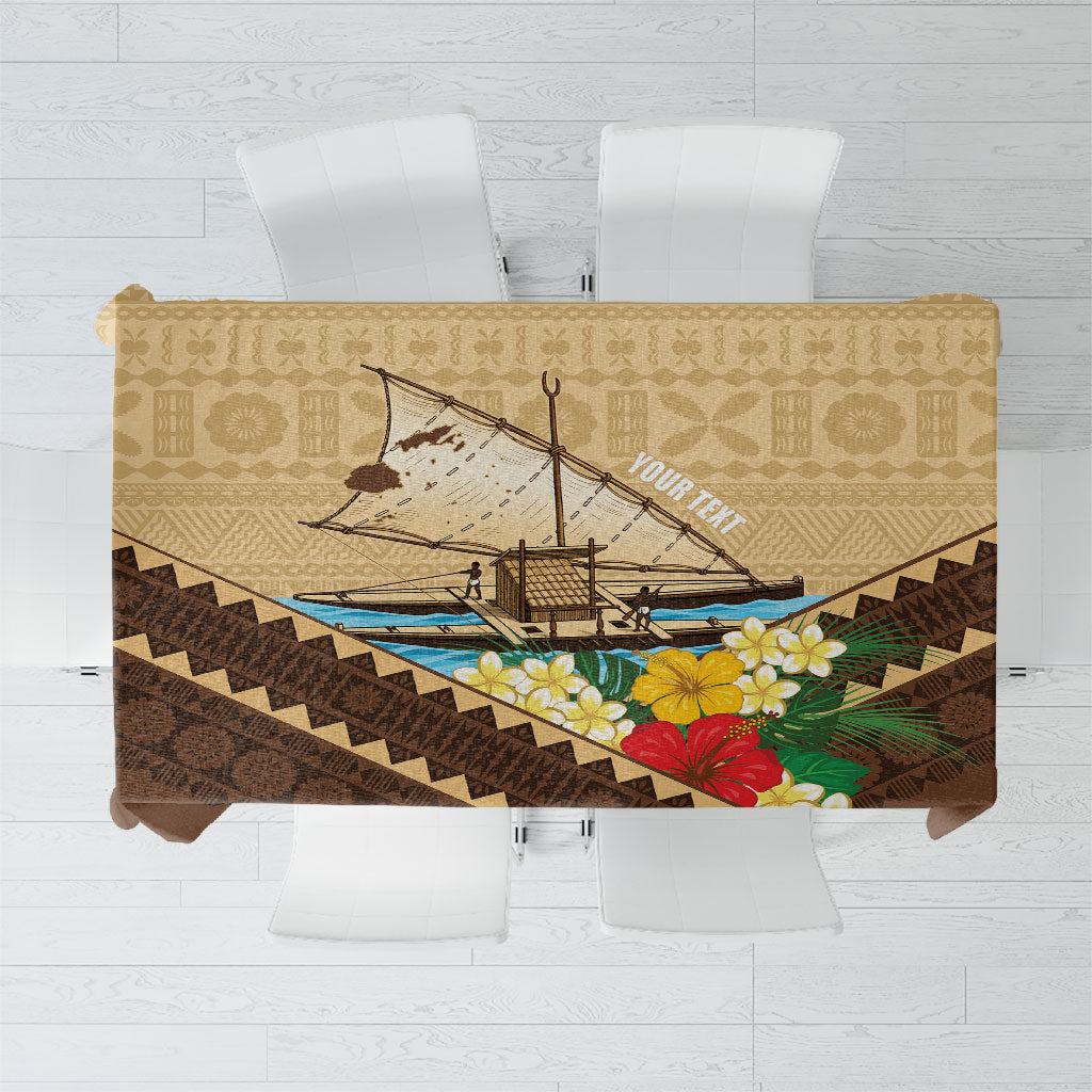 Personalised Bula Vinaka Fiji Drua Tablecloth Fijian Traditional Canoe Tapa Cloth Beige