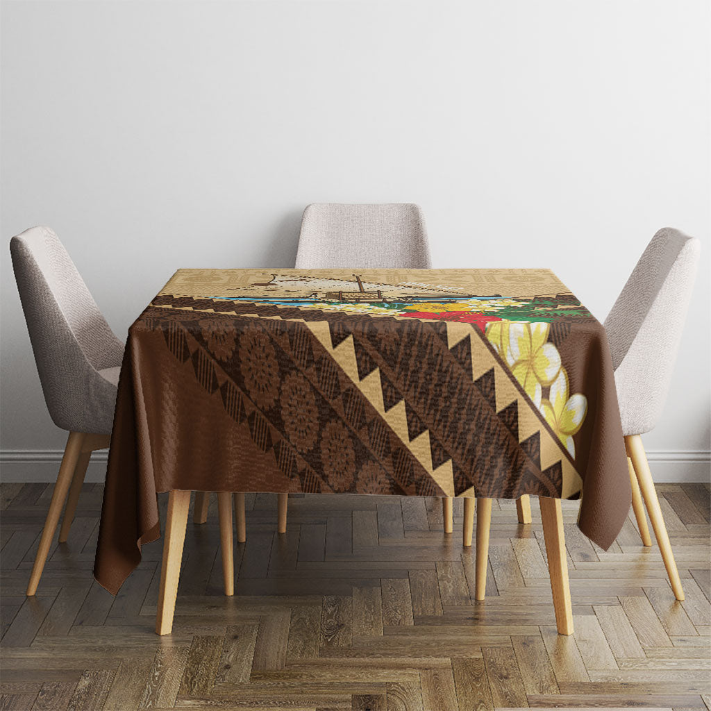 Personalised Bula Vinaka Fiji Drua Tablecloth Fijian Traditional Canoe Tapa Cloth Beige