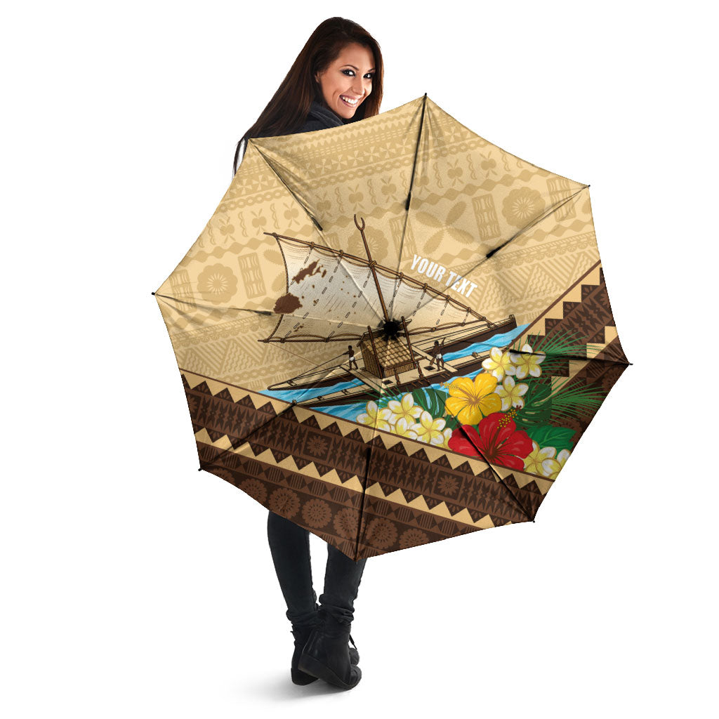 Personalised Bula Vinaka Fiji Drua Umbrella Fijian Traditional Canoe Tapa Cloth Beige LT14 - Polynesian Pride
