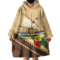 Personalised Bula Vinaka Fiji Drua Wearable Blanket Hoodie Fijian Traditional Canoe Tapa Cloth Beige