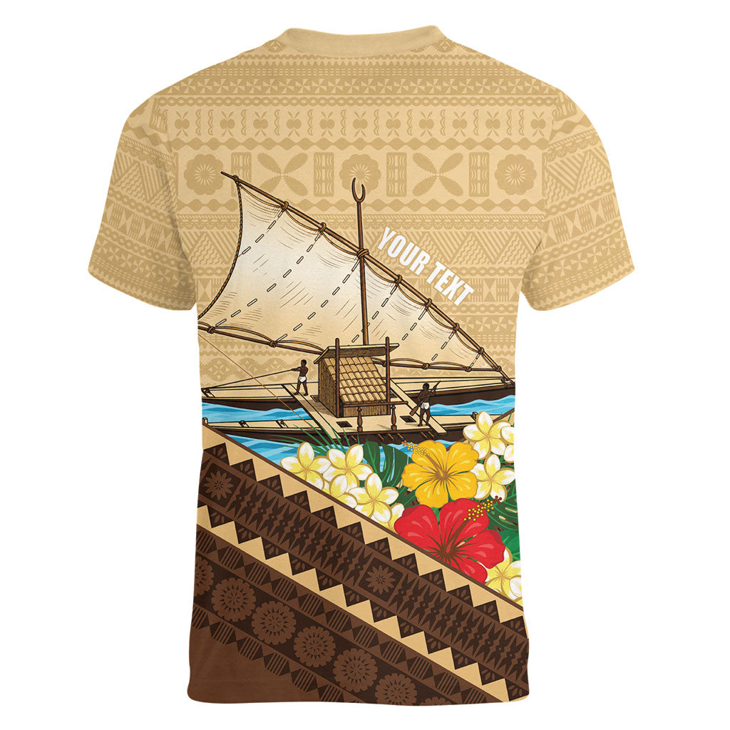 Personalised Bula Vinaka Fiji Drua Women V-Neck T-Shirt Fijian Traditional Canoe Tapa Cloth Beige LT14 - Polynesian Pride
