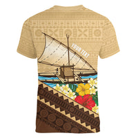 Personalised Bula Vinaka Fiji Drua Women V-Neck T-Shirt Fijian Traditional Canoe Tapa Cloth Beige LT14 - Polynesian Pride