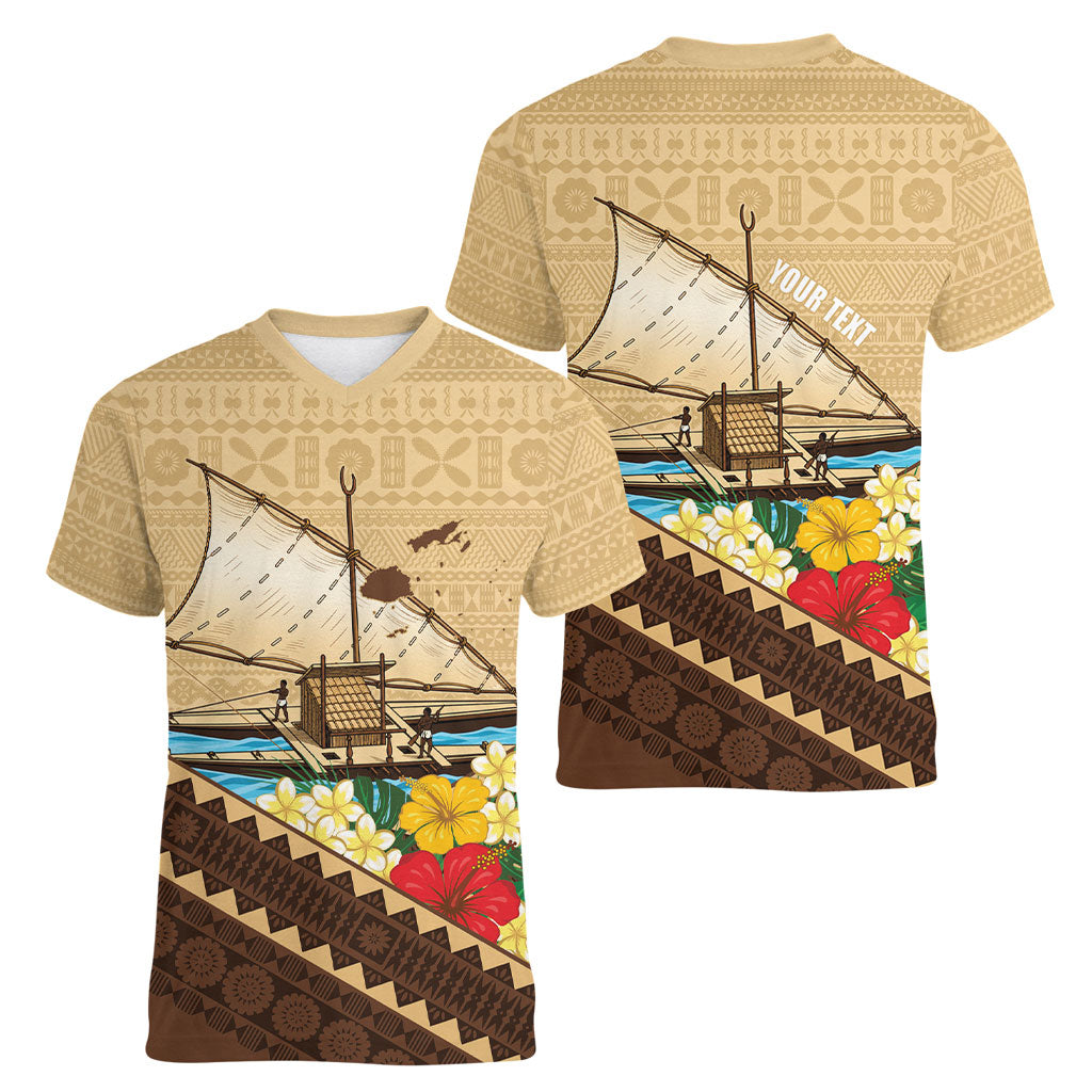 Personalised Bula Vinaka Fiji Drua Women V-Neck T-Shirt Fijian Traditional Canoe Tapa Cloth Beige LT14 - Polynesian Pride