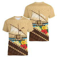 Personalised Bula Vinaka Fiji Drua Women V-Neck T-Shirt Fijian Traditional Canoe Tapa Cloth Beige LT14 - Polynesian Pride