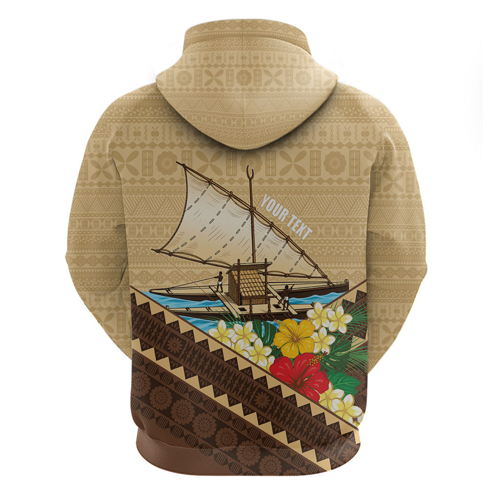 Personalised Bula Vinaka Fiji Drua Zip Hoodie Fijian Traditional Canoe Tapa Cloth Beige LT14 - Polynesian Pride