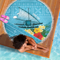 Personalised Bula Vinaka Fiji Drua Beach Blanket Fijian Traditional Canoe Tapa Cloth Blue