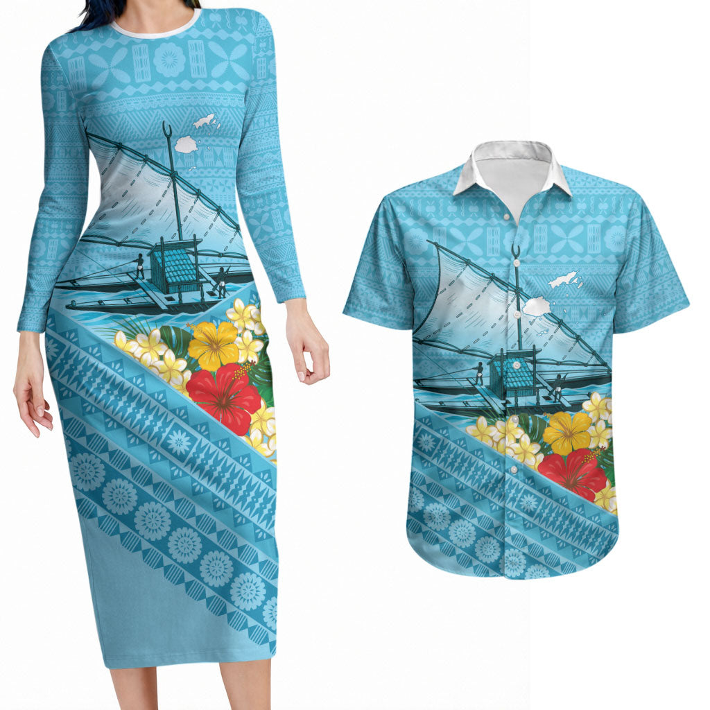 Personalised Bula Vinaka Fiji Drua Couples Matching Long Sleeve Bodycon Dress and Hawaiian Shirt Fijian Traditional Canoe Tapa Cloth Blue