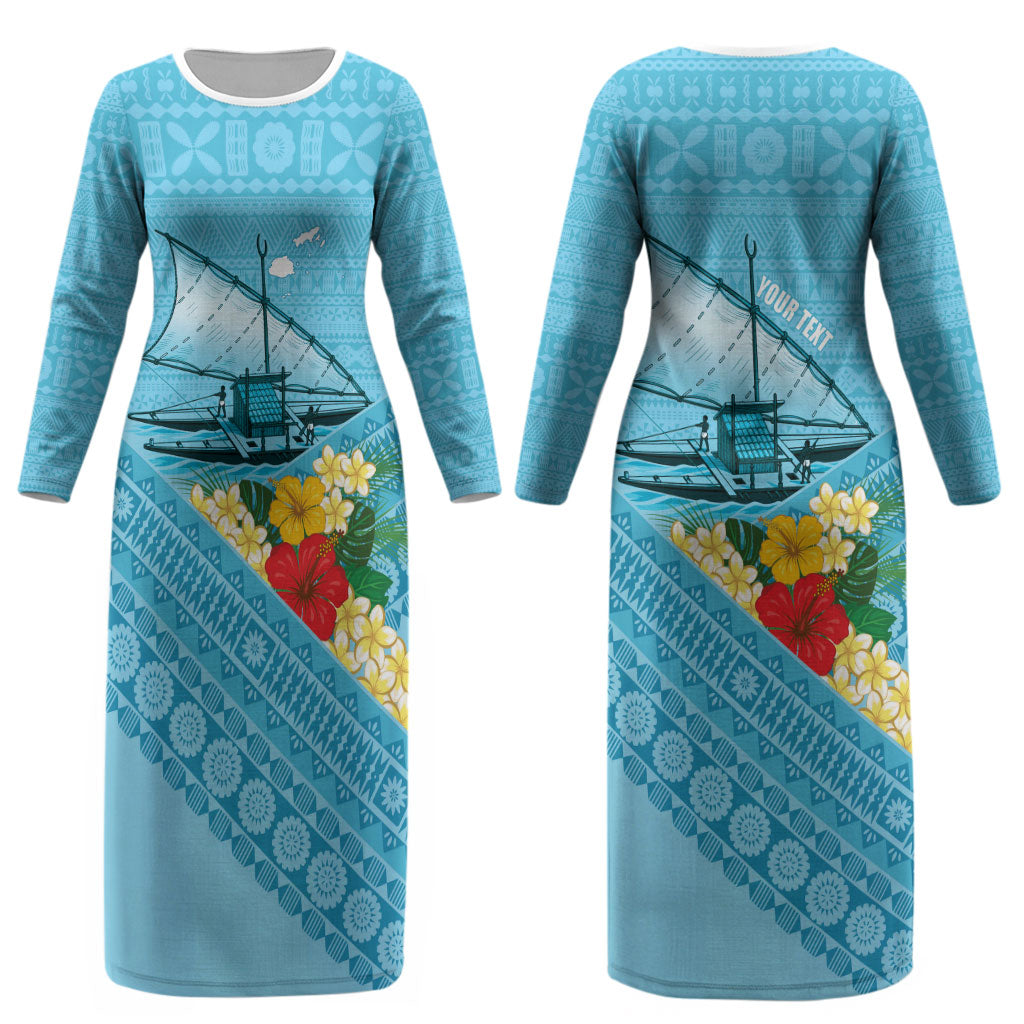 Personalised Bula Vinaka Fiji Drua Couples Matching Long Sleeve Bodycon Dress and Hawaiian Shirt Fijian Traditional Canoe Tapa Cloth Blue