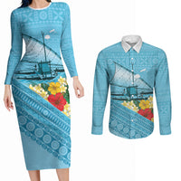 Personalised Bula Vinaka Fiji Drua Couples Matching Long Sleeve Bodycon Dress and Long Sleeve Button Shirt Fijian Traditional Canoe Tapa Cloth Blue