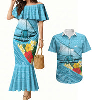 Personalised Bula Vinaka Fiji Drua Couples Matching Mermaid Dress and Hawaiian Shirt Fijian Traditional Canoe Tapa Cloth Blue