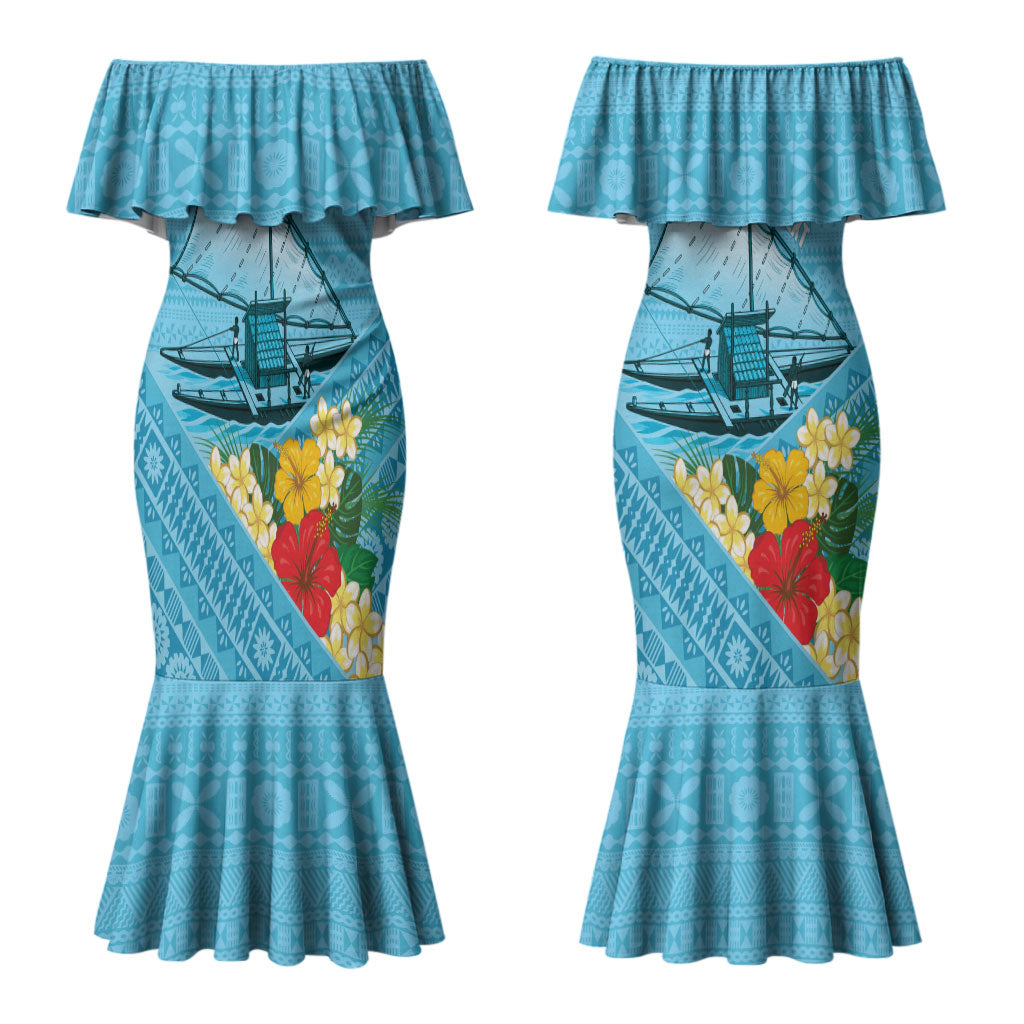 Personalised Bula Vinaka Fiji Drua Couples Matching Mermaid Dress and Long Sleeve Button Shirt Fijian Traditional Canoe Tapa Cloth Blue