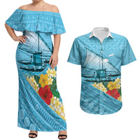 Personalised Bula Vinaka Fiji Drua Couples Matching Off Shoulder Maxi Dress and Hawaiian Shirt Fijian Traditional Canoe Tapa Cloth Blue