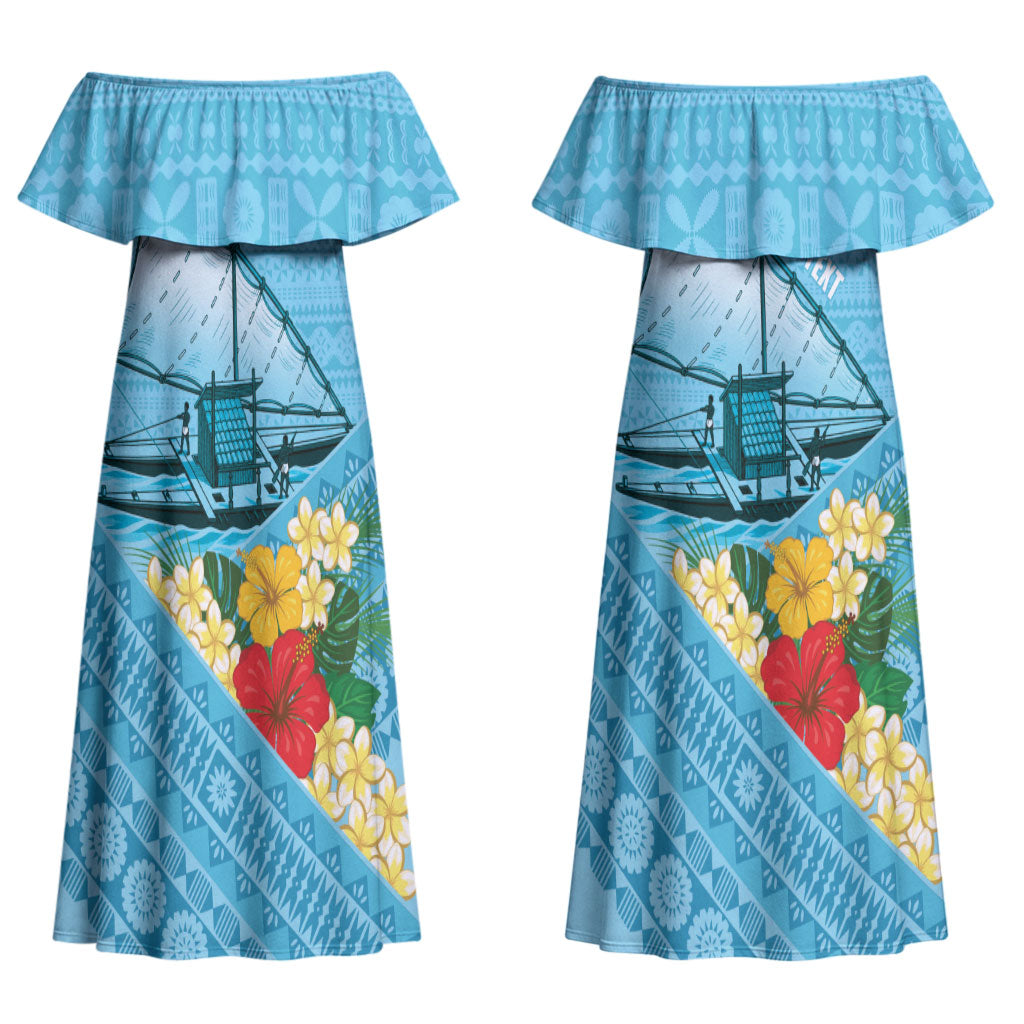 Personalised Bula Vinaka Fiji Drua Couples Matching Off Shoulder Maxi Dress and Hawaiian Shirt Fijian Traditional Canoe Tapa Cloth Blue