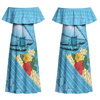 Personalised Bula Vinaka Fiji Drua Couples Matching Off Shoulder Maxi Dress and Hawaiian Shirt Fijian Traditional Canoe Tapa Cloth Blue