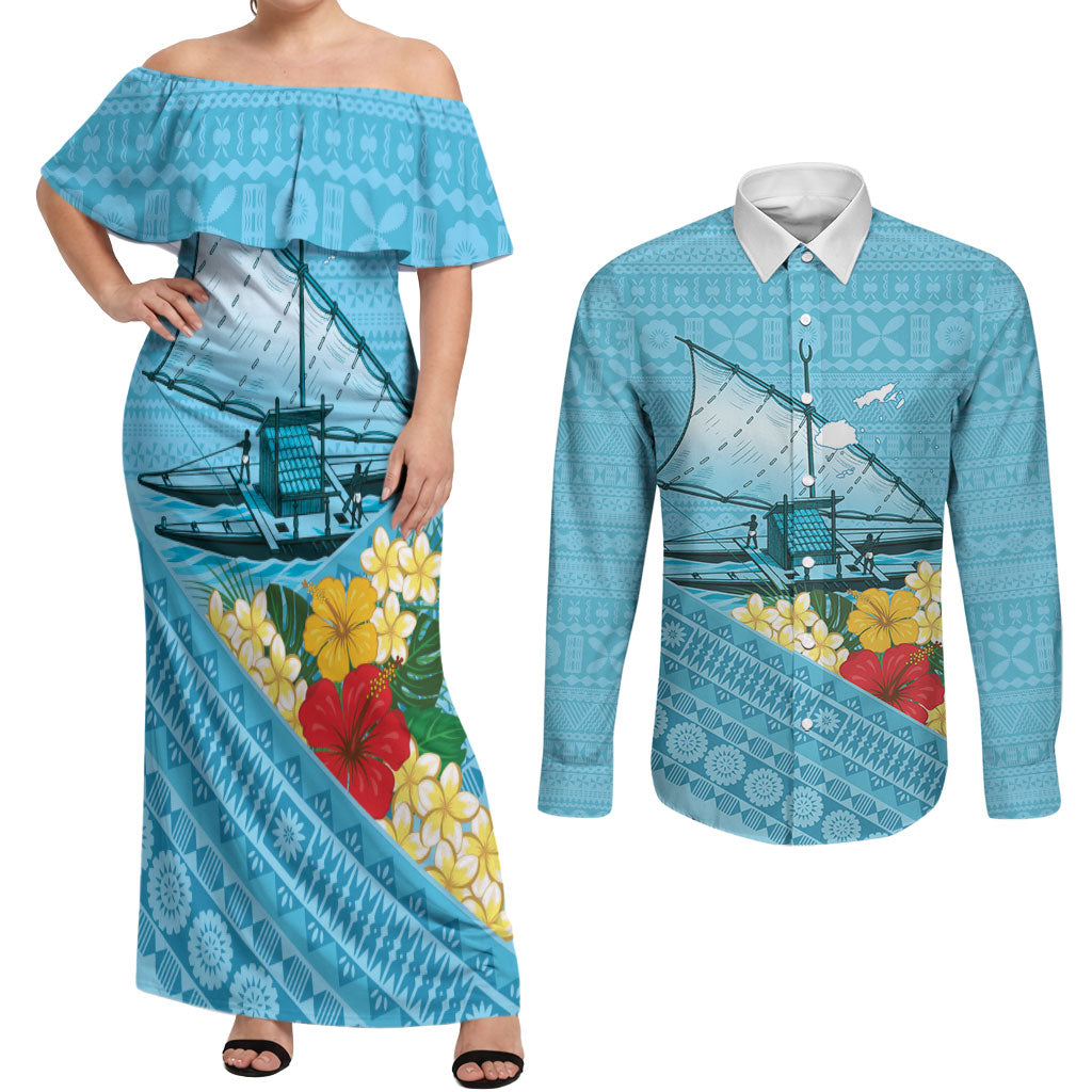 Personalised Bula Vinaka Fiji Drua Couples Matching Off Shoulder Maxi Dress and Long Sleeve Button Shirt Fijian Traditional Canoe Tapa Cloth Blue
