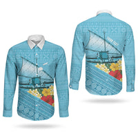 Personalised Bula Vinaka Fiji Drua Couples Matching Off Shoulder Maxi Dress and Long Sleeve Button Shirt Fijian Traditional Canoe Tapa Cloth Blue