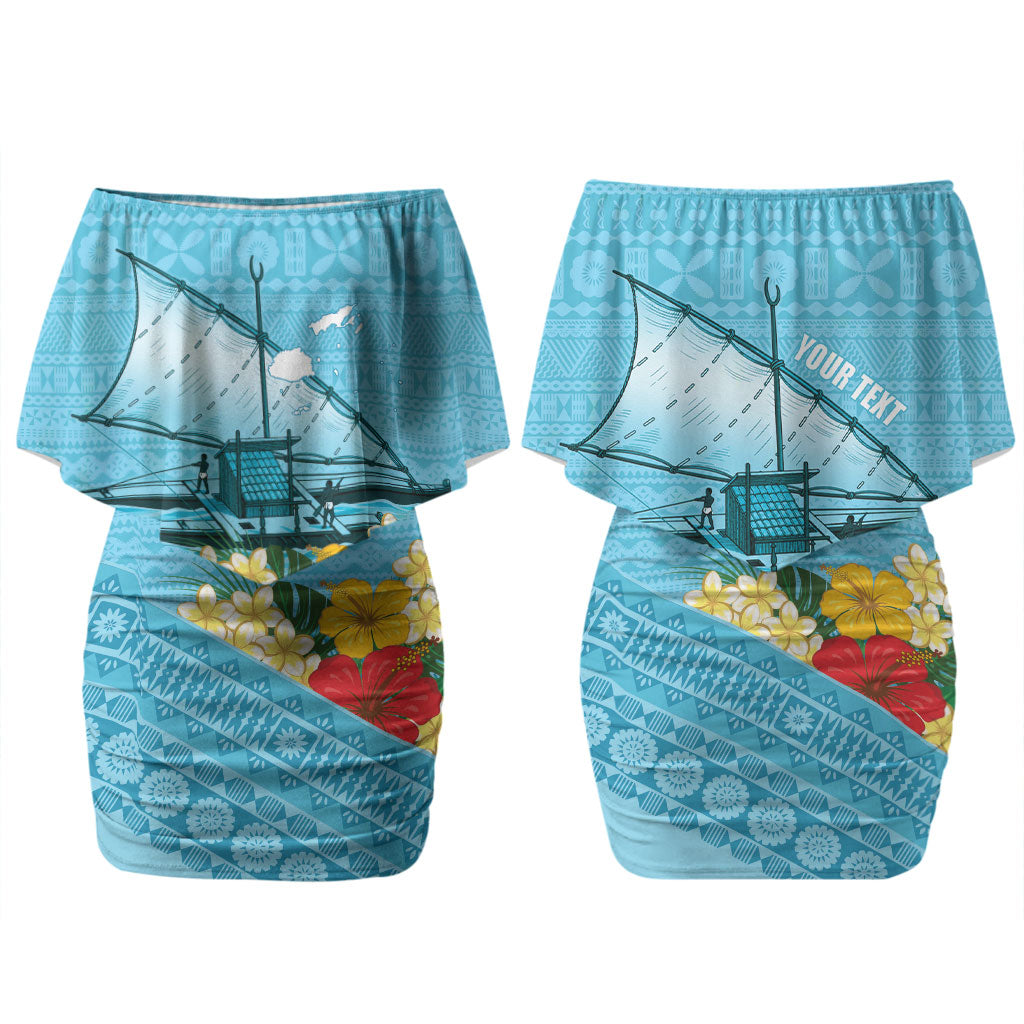 Personalised Bula Vinaka Fiji Drua Couples Matching Off Shoulder Short Dress and Hawaiian Shirt Fijian Traditional Canoe Tapa Cloth Blue