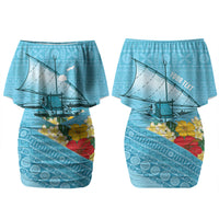 Personalised Bula Vinaka Fiji Drua Couples Matching Off Shoulder Short Dress and Long Sleeve Button Shirt Fijian Traditional Canoe Tapa Cloth Blue