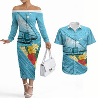 Personalised Bula Vinaka Fiji Drua Couples Matching Off The Shoulder Long Sleeve Dress and Hawaiian Shirt Fijian Traditional Canoe Tapa Cloth Blue