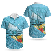 Personalised Bula Vinaka Fiji Drua Couples Matching Off The Shoulder Long Sleeve Dress and Hawaiian Shirt Fijian Traditional Canoe Tapa Cloth Blue