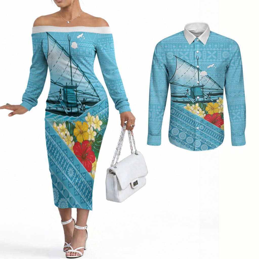 Personalised Bula Vinaka Fiji Drua Couples Matching Off The Shoulder Long Sleeve Dress and Long Sleeve Button Shirt Fijian Traditional Canoe Tapa Cloth Blue