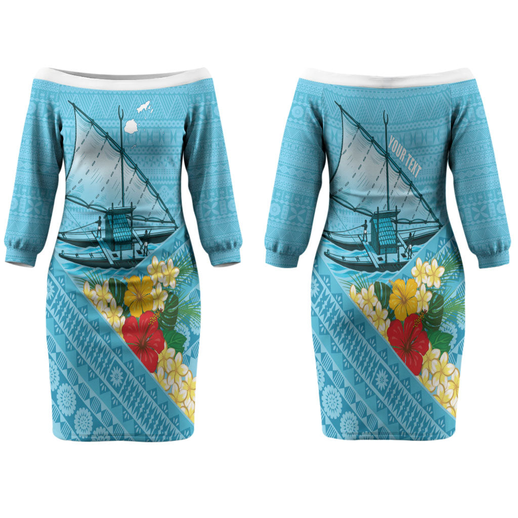 Personalised Bula Vinaka Fiji Drua Couples Matching Off The Shoulder Long Sleeve Dress and Long Sleeve Button Shirt Fijian Traditional Canoe Tapa Cloth Blue