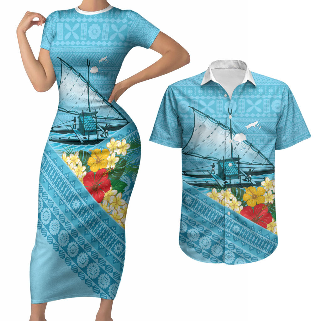 Personalised Bula Vinaka Fiji Drua Couples Matching Short Sleeve Bodycon Dress and Hawaiian Shirt Fijian Traditional Canoe Tapa Cloth Blue