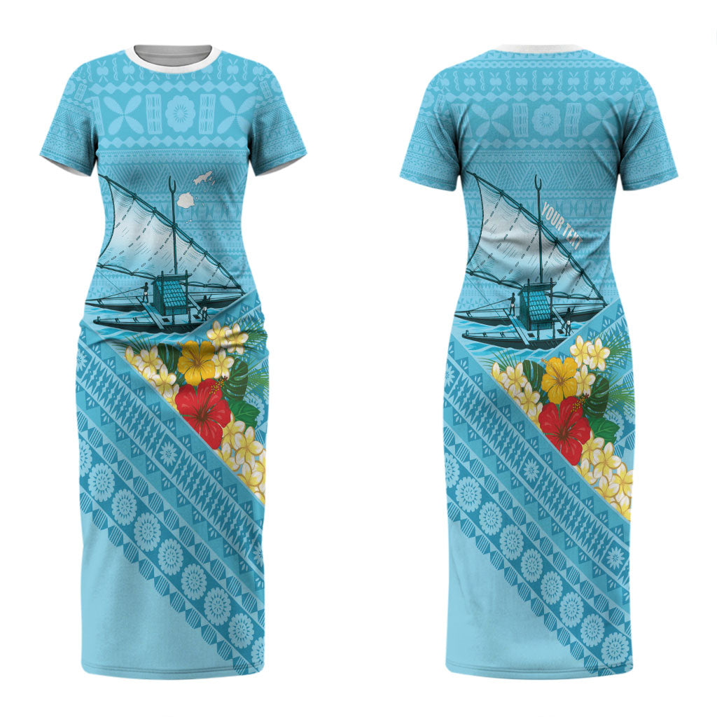 Personalised Bula Vinaka Fiji Drua Couples Matching Short Sleeve Bodycon Dress and Hawaiian Shirt Fijian Traditional Canoe Tapa Cloth Blue