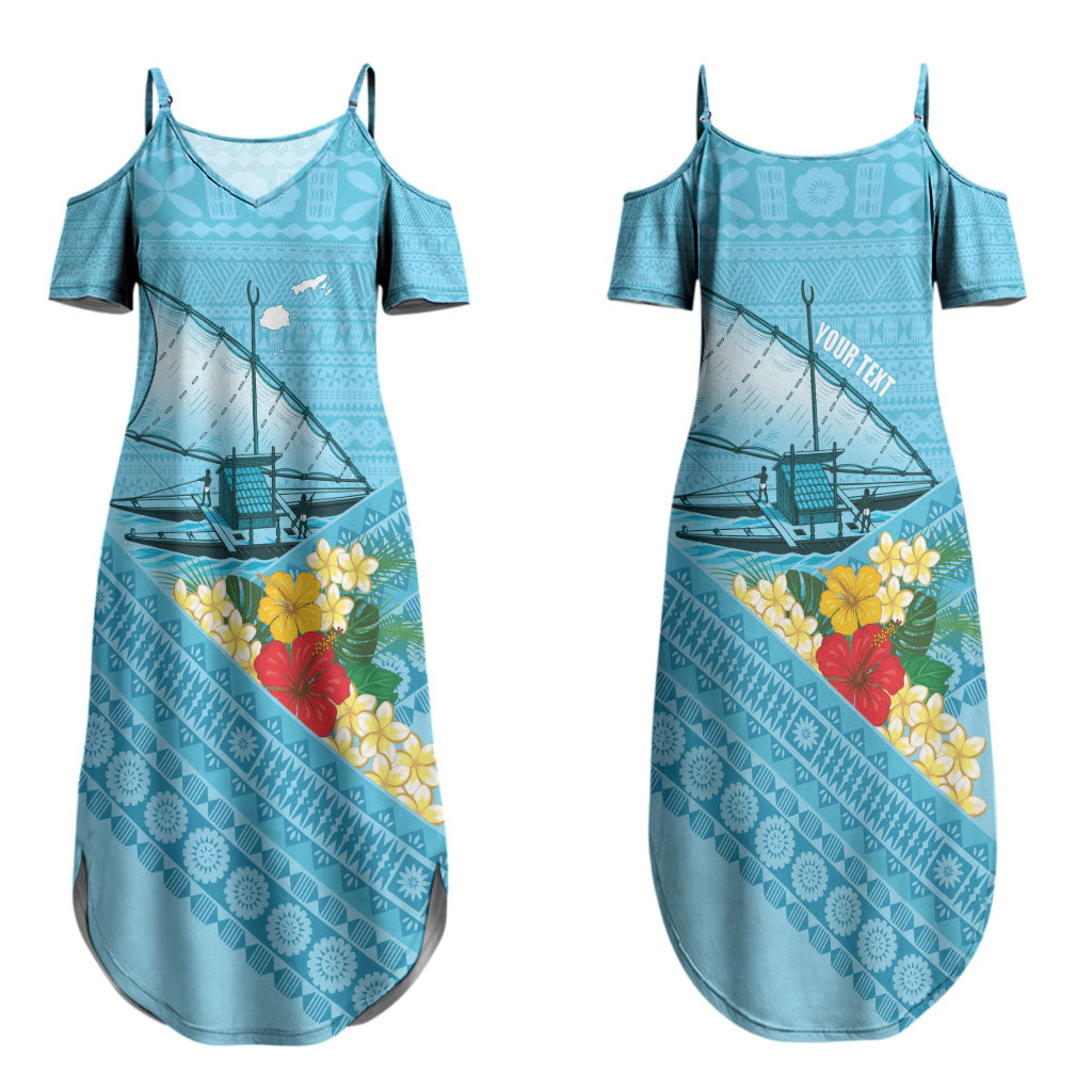 Personalised Bula Vinaka Fiji Drua Couples Matching Summer Maxi Dress and Hawaiian Shirt Fijian Traditional Canoe Tapa Cloth Blue