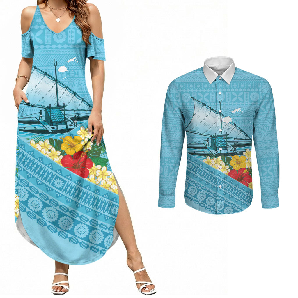 Personalised Bula Vinaka Fiji Drua Couples Matching Summer Maxi Dress and Long Sleeve Button Shirt Fijian Traditional Canoe Tapa Cloth Blue