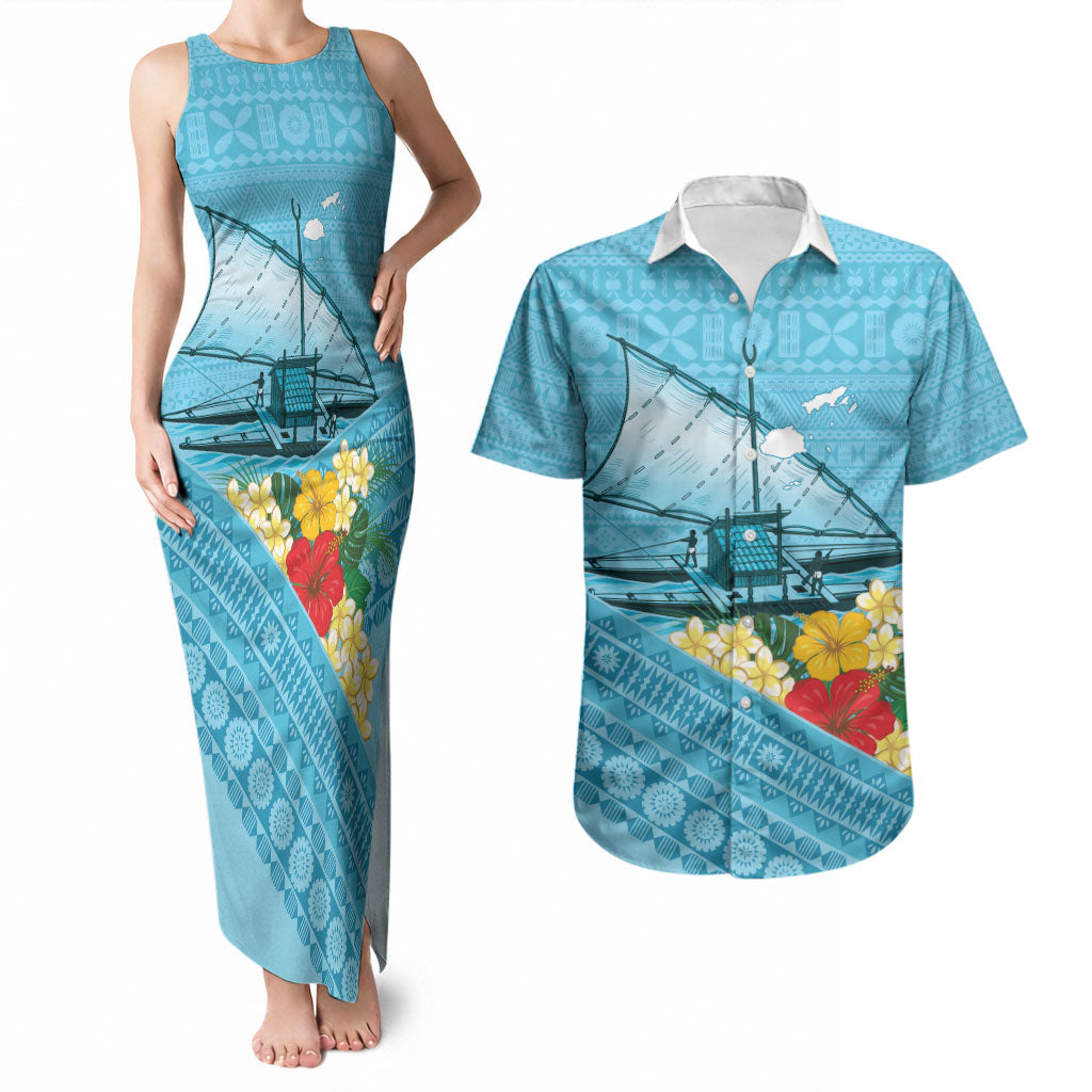 Personalised Bula Vinaka Fiji Drua Couples Matching Tank Maxi Dress and Hawaiian Shirt Fijian Traditional Canoe Tapa Cloth Blue