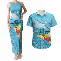 Personalised Bula Vinaka Fiji Drua Couples Matching Tank Maxi Dress and Hawaiian Shirt Fijian Traditional Canoe Tapa Cloth Blue