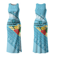 Personalised Bula Vinaka Fiji Drua Couples Matching Tank Maxi Dress and Hawaiian Shirt Fijian Traditional Canoe Tapa Cloth Blue